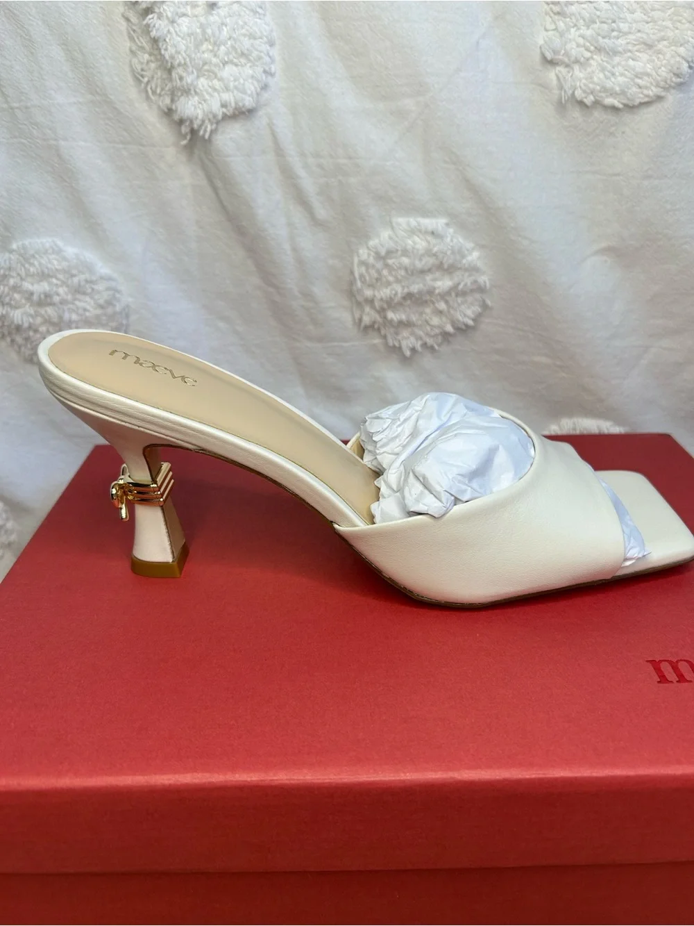 Maeve Metal Bow Open-Toe Mule Heels